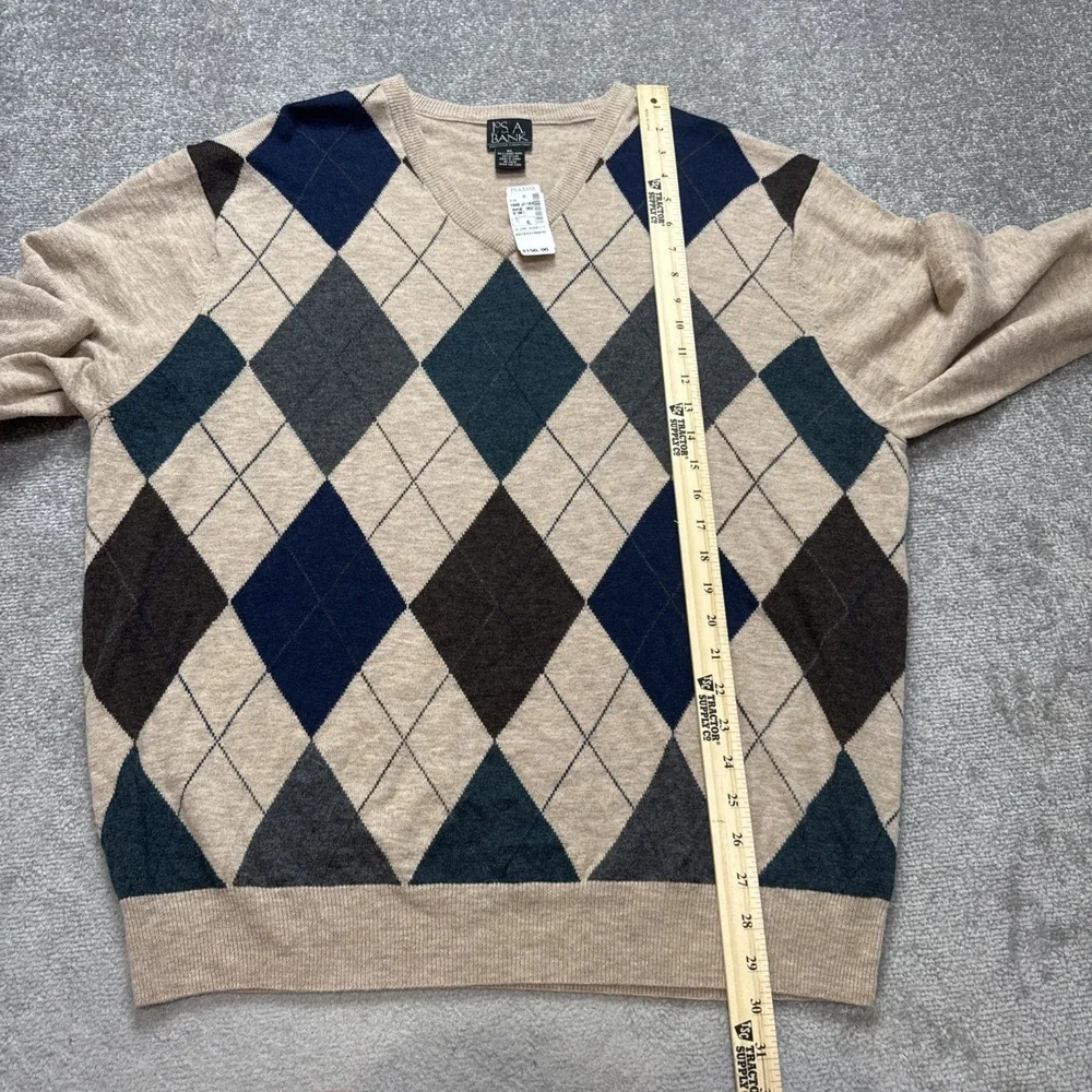 NWT Lambs Wool XL Sweater Argyle Tan Jos A Bank Executive V Neck Blue MSRP $150